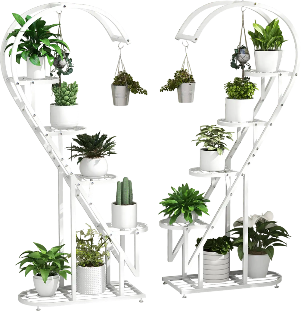 Heart-shaped 5 tier metal plant stand in white, featuring hanging hooks and ample space for multiple flower pots.