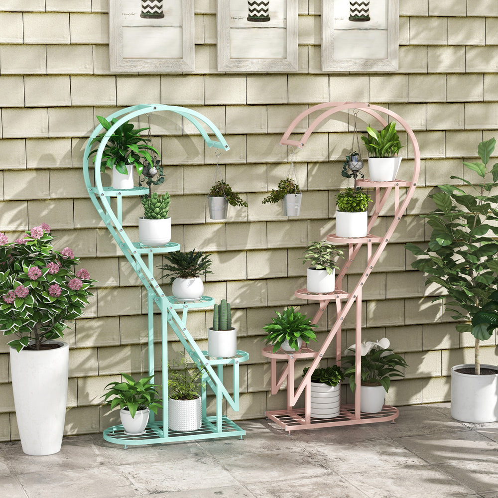 5 Tier Metal Plant Stand with Hanging Hook for Multiple Plants-Pink & Blue - Gallery View 1 of 9