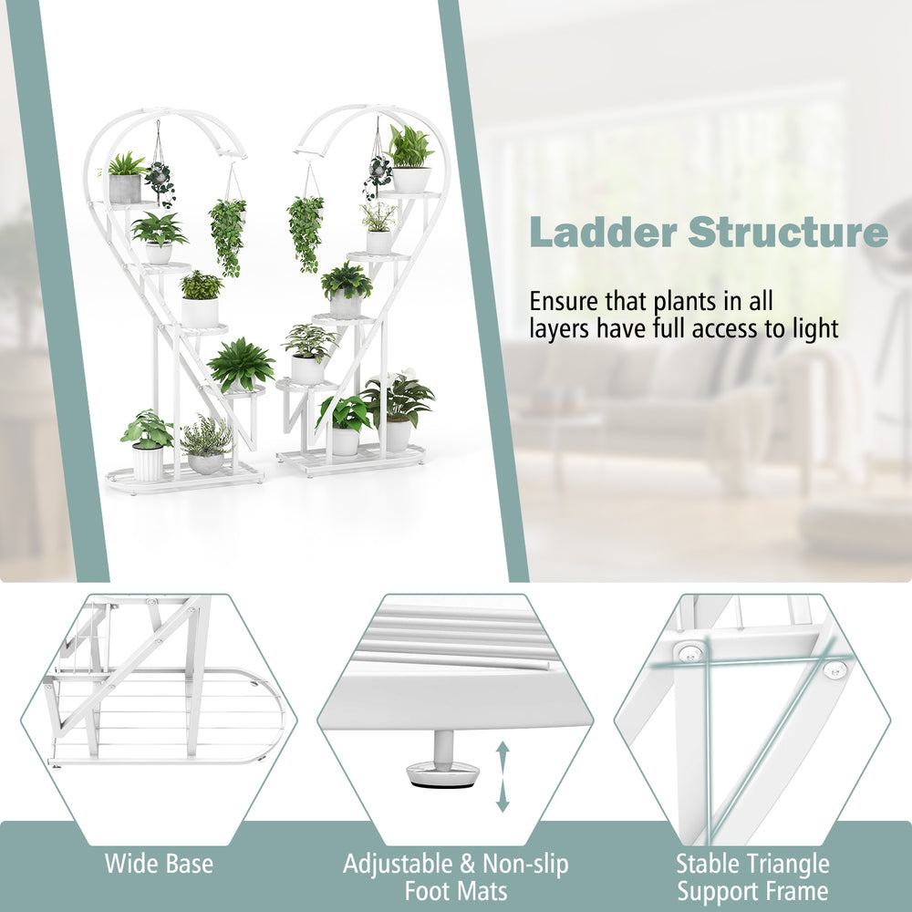 5-tier white metal plant stand with hanging hooks, featuring a heart-shaped design for displaying multiple plants.