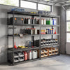 5-tier metal shelving unit with adjustable wire racks, showcasing tools and containers, ideal for garage organization.