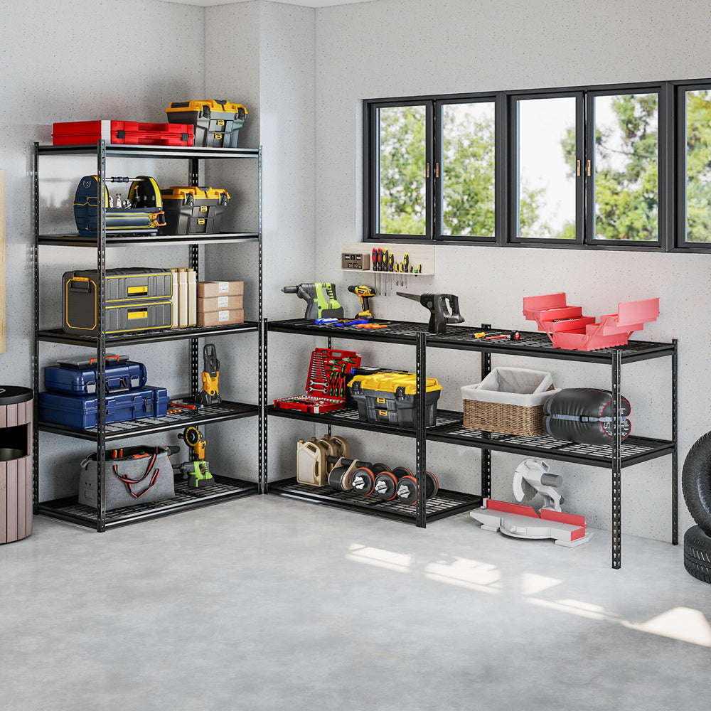 5-tier metal shelving unit with adjustable wire racks, ideal for garage organization and heavy-duty storage.