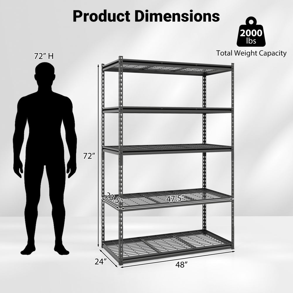 5-tier metal shelving unit with adjustable wire racks, 2000 lbs capacity, ideal for garage or kitchen storage.