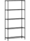 5-tier black metal storage shelving unit with adjustable shelves and V-shaped wire rack for versatile organization.