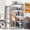 5-tier black metal storage shelving unit with adjustable shelves and V-shaped wire rack for garage organization.