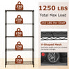 5-tier black metal storage shelving unit with V-shaped mesh, 1250 lbs capacity, ideal for garage or pantry organization.