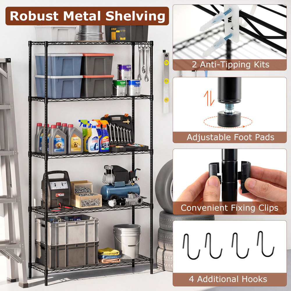 5-tier black metal storage shelving unit with adjustable shelves, V-shaped wire rack, and 1250 lbs capacity for garage.