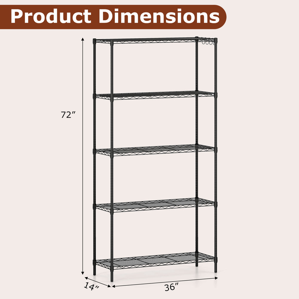 5-tier black metal storage shelving unit dimensions showing height of 72”, width of 36”, and depth of 14” for versatile.