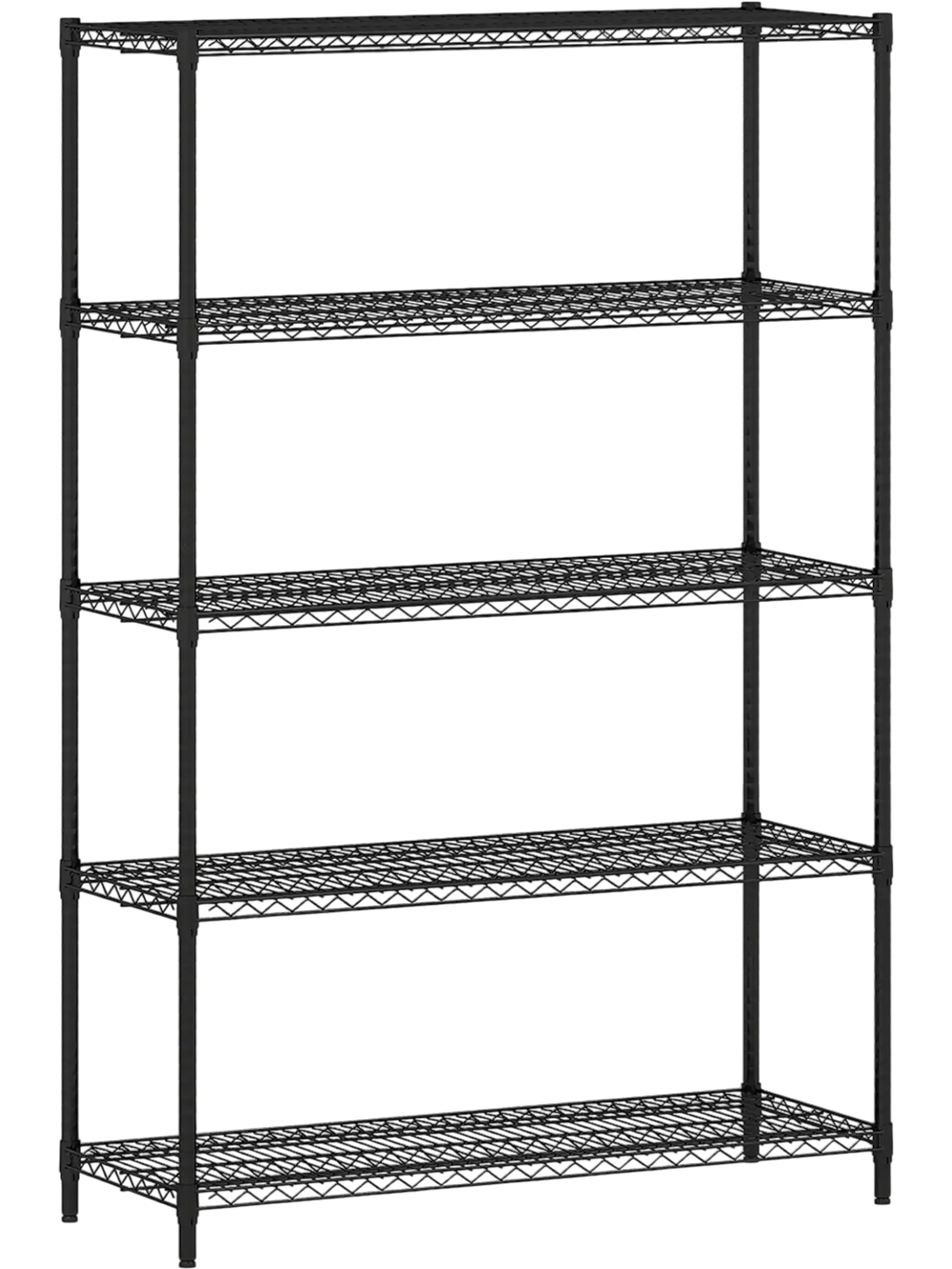 5-tier black metal storage shelving unit with V-shaped wire racks, adjustable shelves for versatile organization in any.