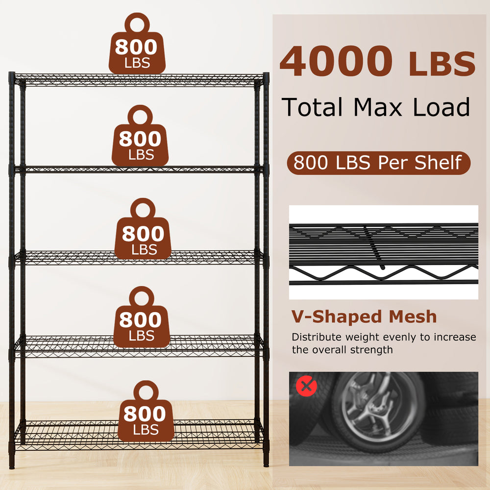 5-tier black metal storage shelving unit with V-shaped wire racks, adjustable shelves, and heavy-duty support for.
