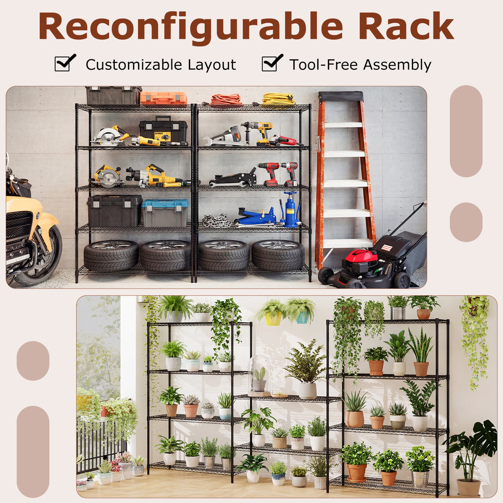 5-tier black metal storage shelving unit with adjustable shelves and V-shaped wire racks, ideal for garage or kitchen.