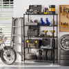 5-tier black metal storage shelving unit with adjustable shelves, perfect for garage organization and tool storage.