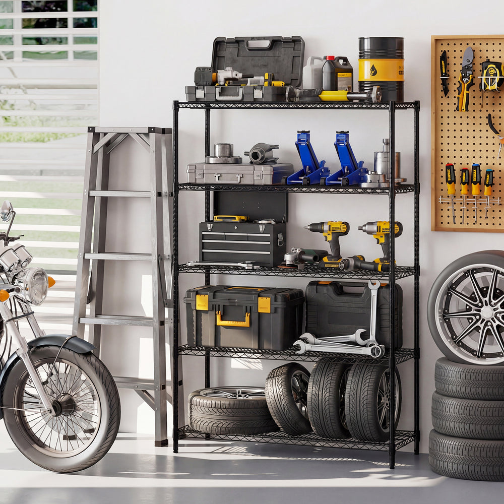 5-tier black metal storage shelving unit with adjustable shelves, perfect for garage organization and tool storage.