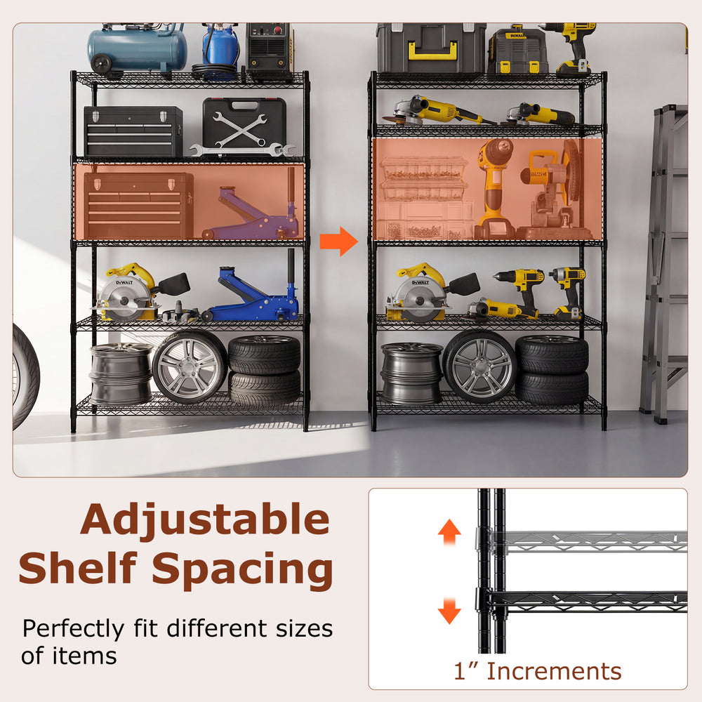 5-tier black metal storage shelving unit with adjustable shelves, perfect for garage or basement organization.