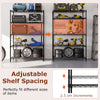 5-tier black metal storage shelving unit with adjustable shelves, ideal for garage or basement organization.