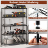 5-tier black metal shelving unit with adjustable shelves and V-shaped wire racks, ideal for garage or kitchen storage.