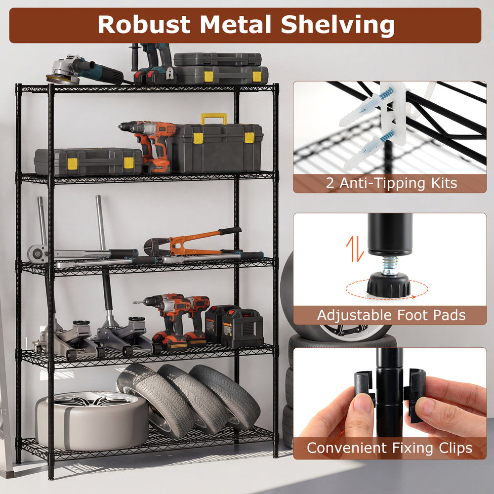 5-tier black metal shelving unit with adjustable shelves and V-shaped wire racks, ideal for garage or kitchen storage.