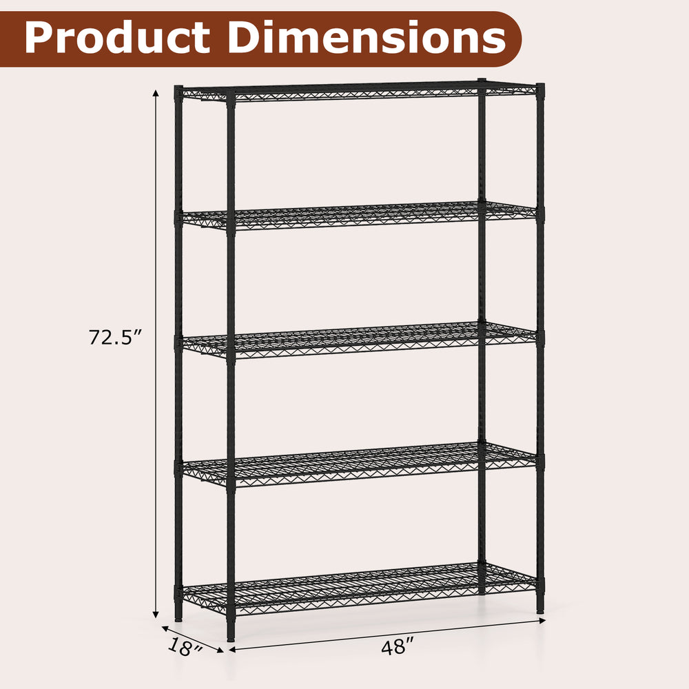 5-tier black metal storage shelving unit with adjustable shelves, measuring 72.5" x 48" x 18", ideal for garage or.