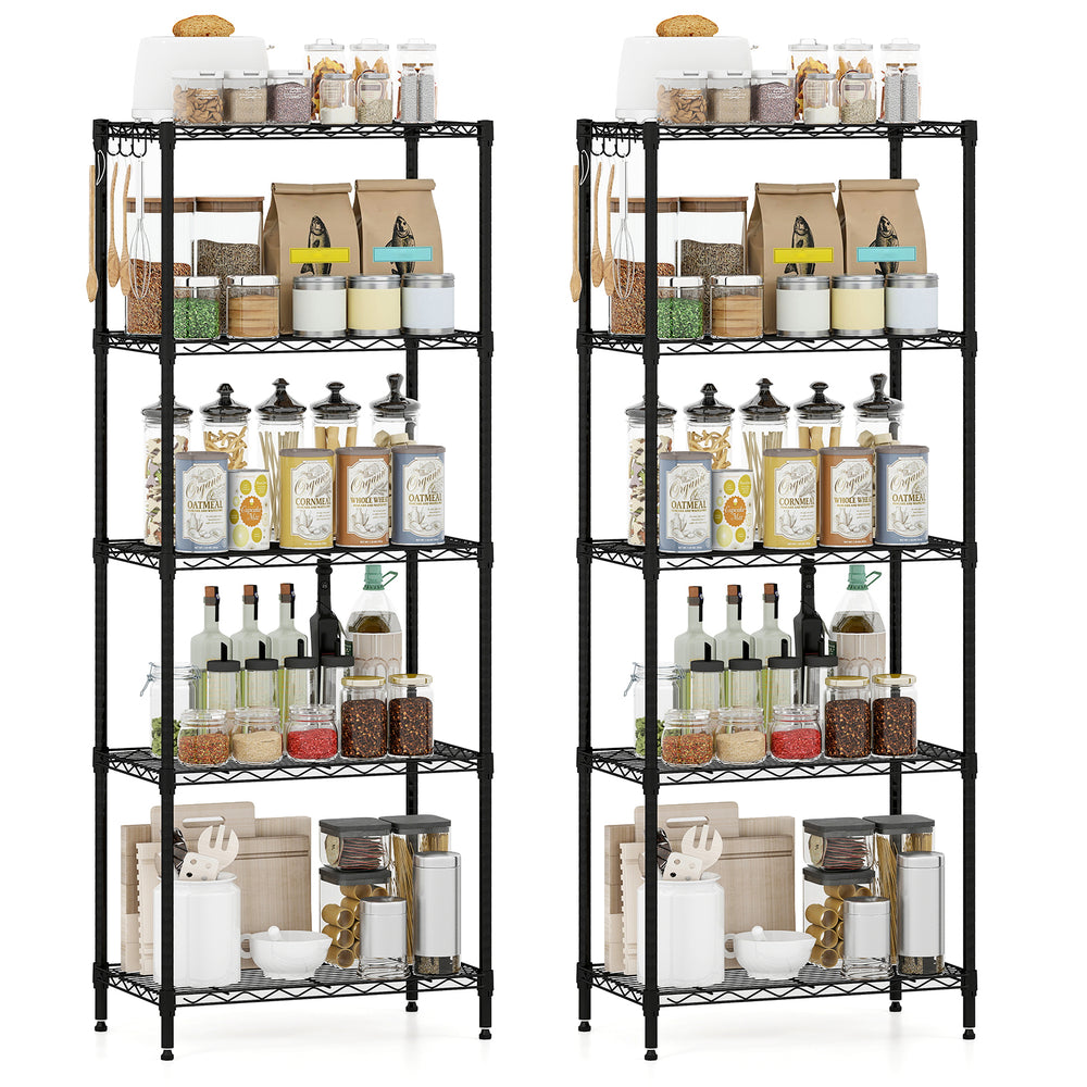 5-tier black metal storage shelving unit set of 2 with adjustable shelves, ideal for kitchen or garage organization.