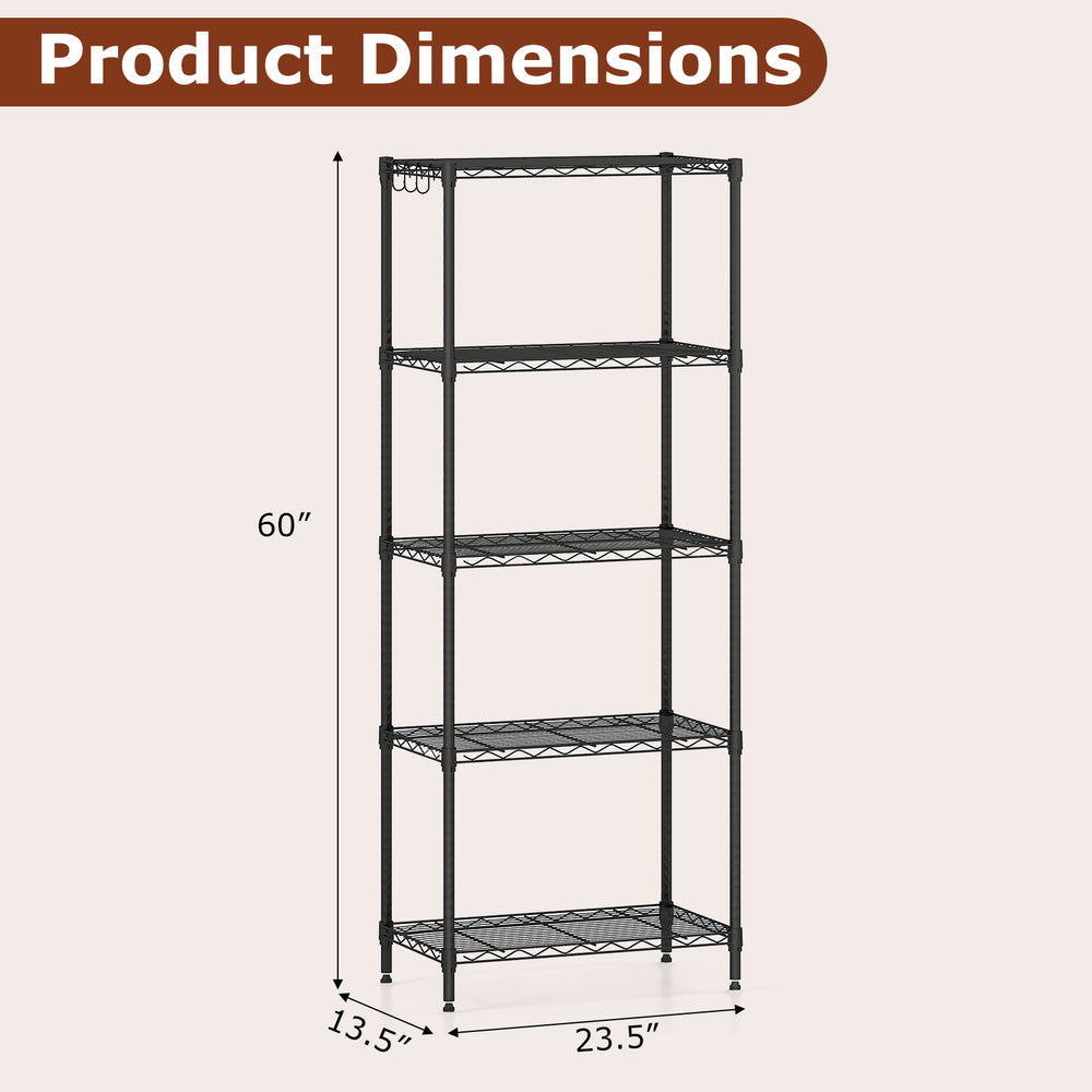 5-tier black metal storage shelving unit with adjustable shelves, measuring 60" tall, ideal for garage or kitchen use.