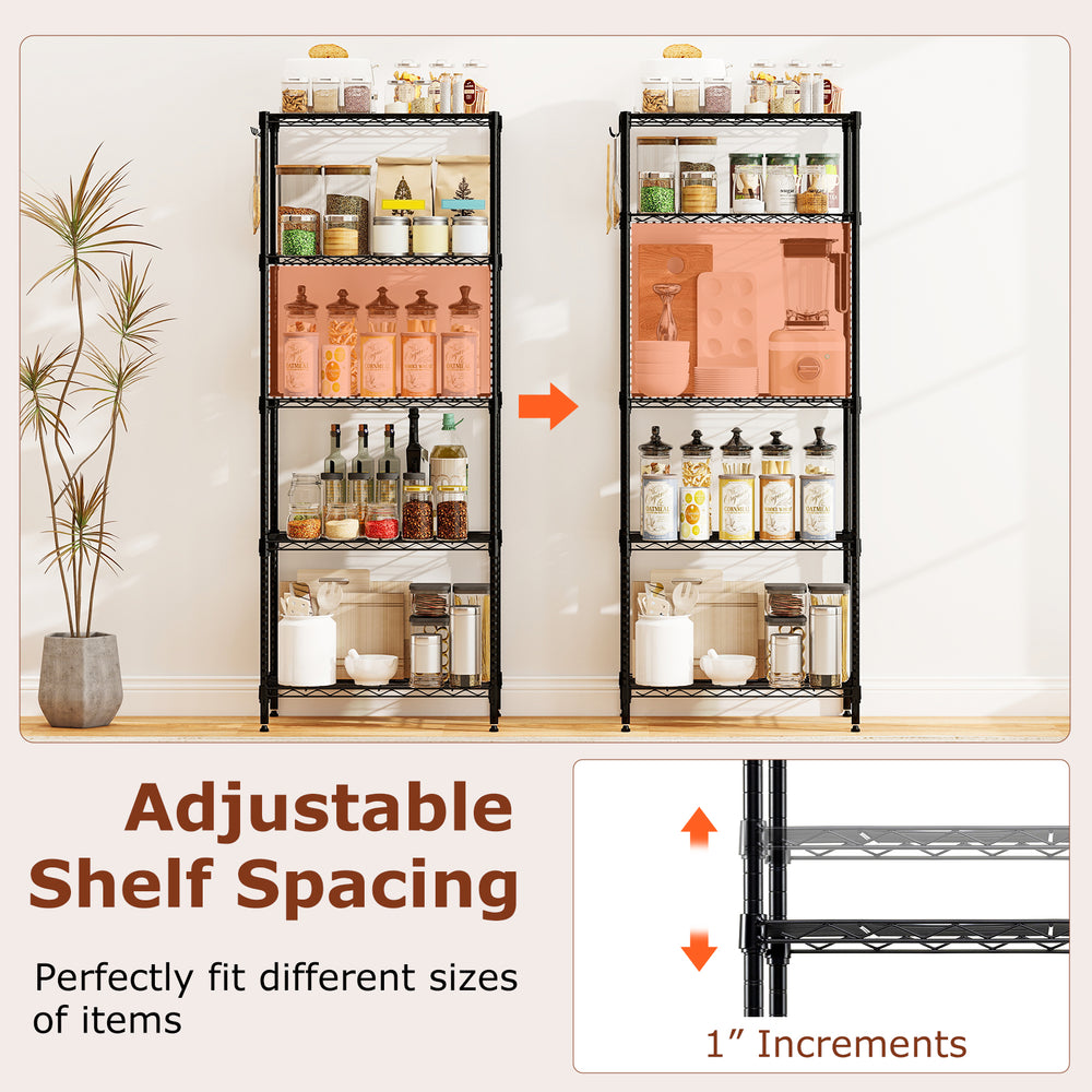 5-tier black metal storage shelving unit with adjustable shelves, ideal for garage or kitchen organization.