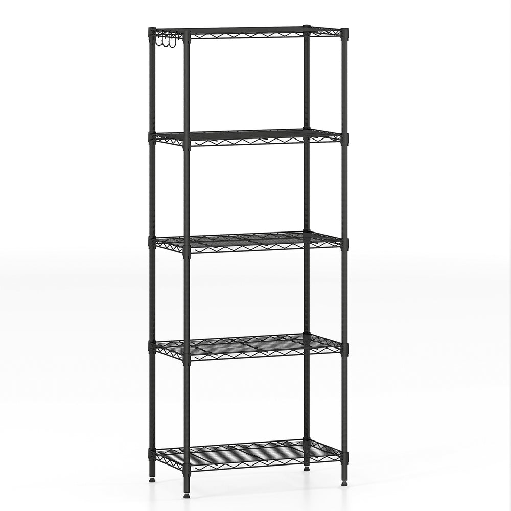 5-tier black metal storage shelving unit with adjustable shelves and V-shaped wire rack for versatile organization.