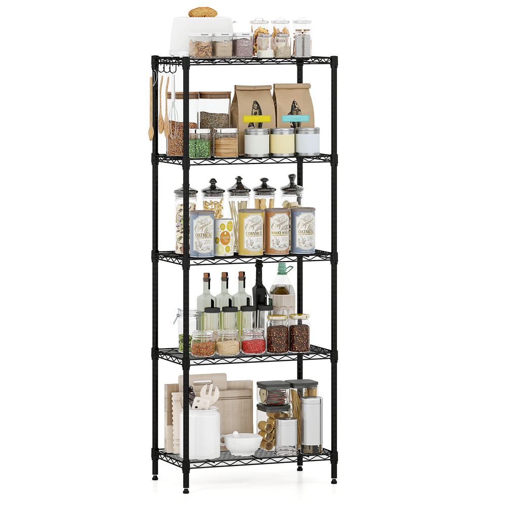 5-tier black metal storage shelving unit with adjustable shelves, ideal for organizing kitchen and pantry items.