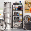 5-tier black metal storage shelving unit with V-shaped wire rack, ideal for garage organization and heavy-duty use.
