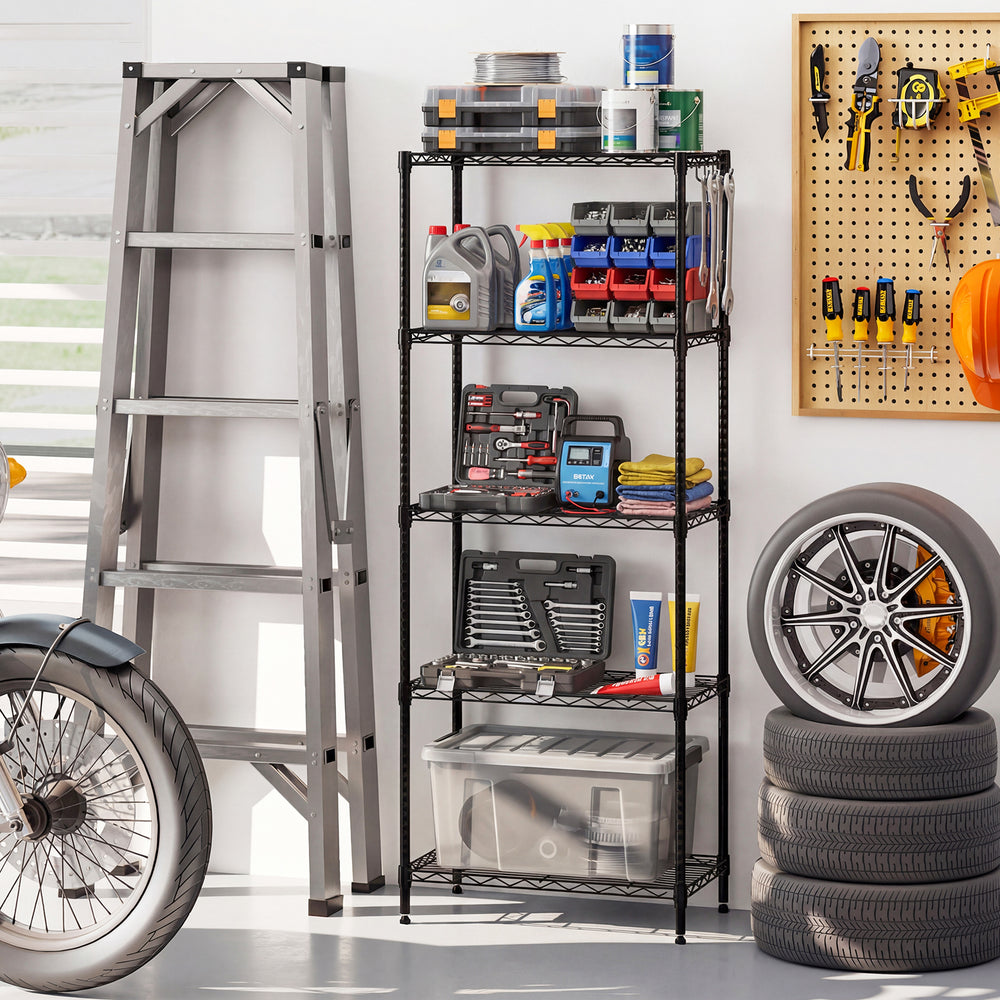 5-tier black metal storage shelving unit with V-shaped wire rack, ideal for garage organization and heavy-duty use.