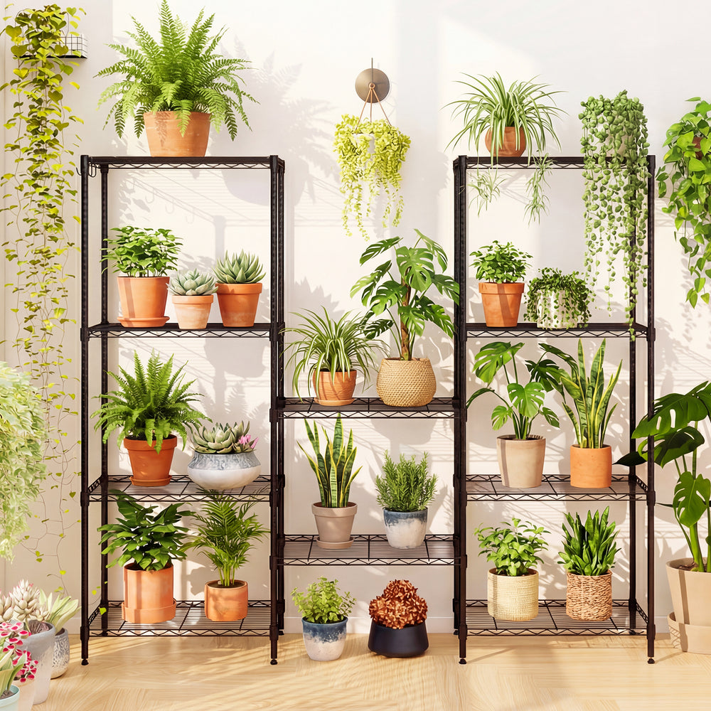5-tier black metal shelving unit displaying various potted plants, ideal for organizing kitchen or garage items.