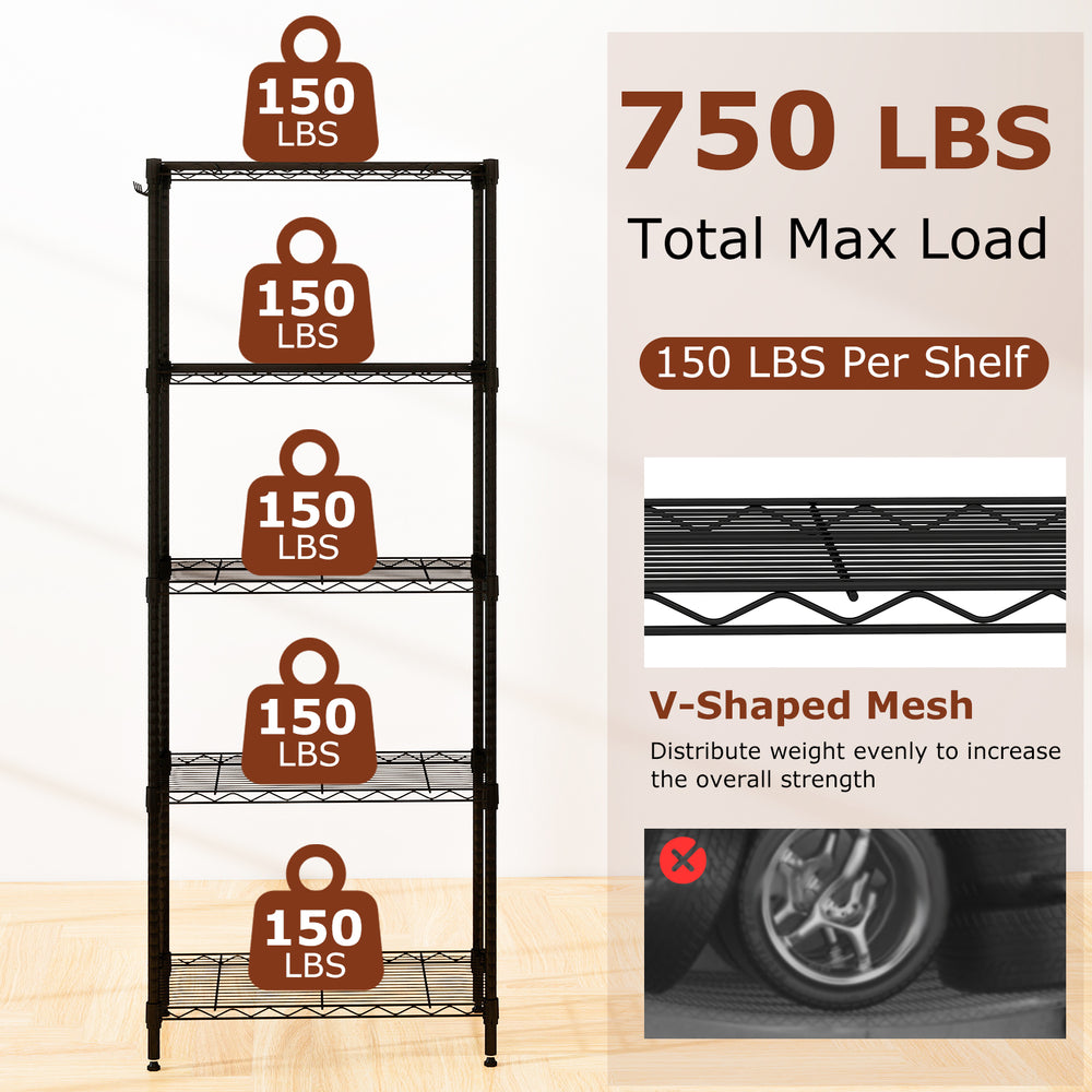 5-tier black metal storage shelving unit with V-shaped wire rack, 750 lbs capacity, ideal for garage and kitchen.