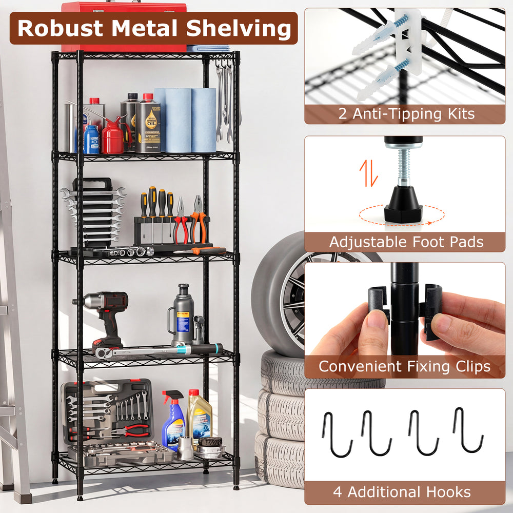 5-tier black metal shelving unit with adjustable shelves, V-shaped wire rack, and 750 lbs capacity for versatile.