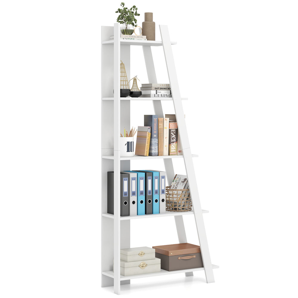 5-tier modern white bookshelf with sturdy wooden boards, ideal for small spaces, perfect for displaying books and decor.