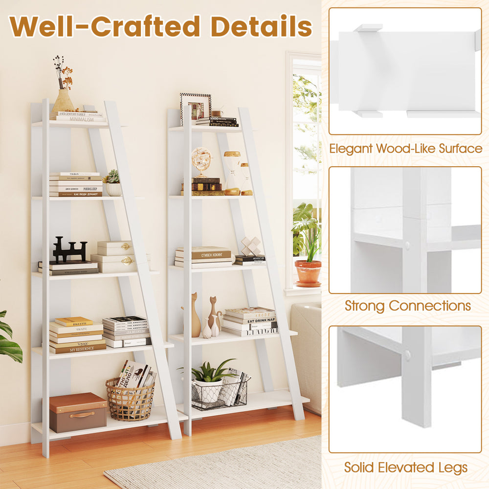 5-tier narrow vertical bookshelf in white, featuring an elegant wood-like surface, ideal for small spaces and decor.