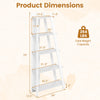 5-tier narrow vertical bookshelf in white with dimensions, ideal for small spaces and displaying books and decor.