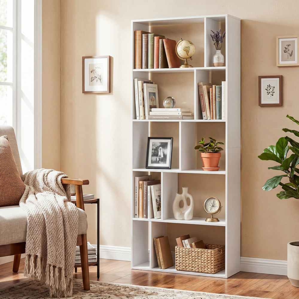 5-tier modern bookshelf in white with open back, featuring 10 storage cubes for books and decor in a cozy living room.