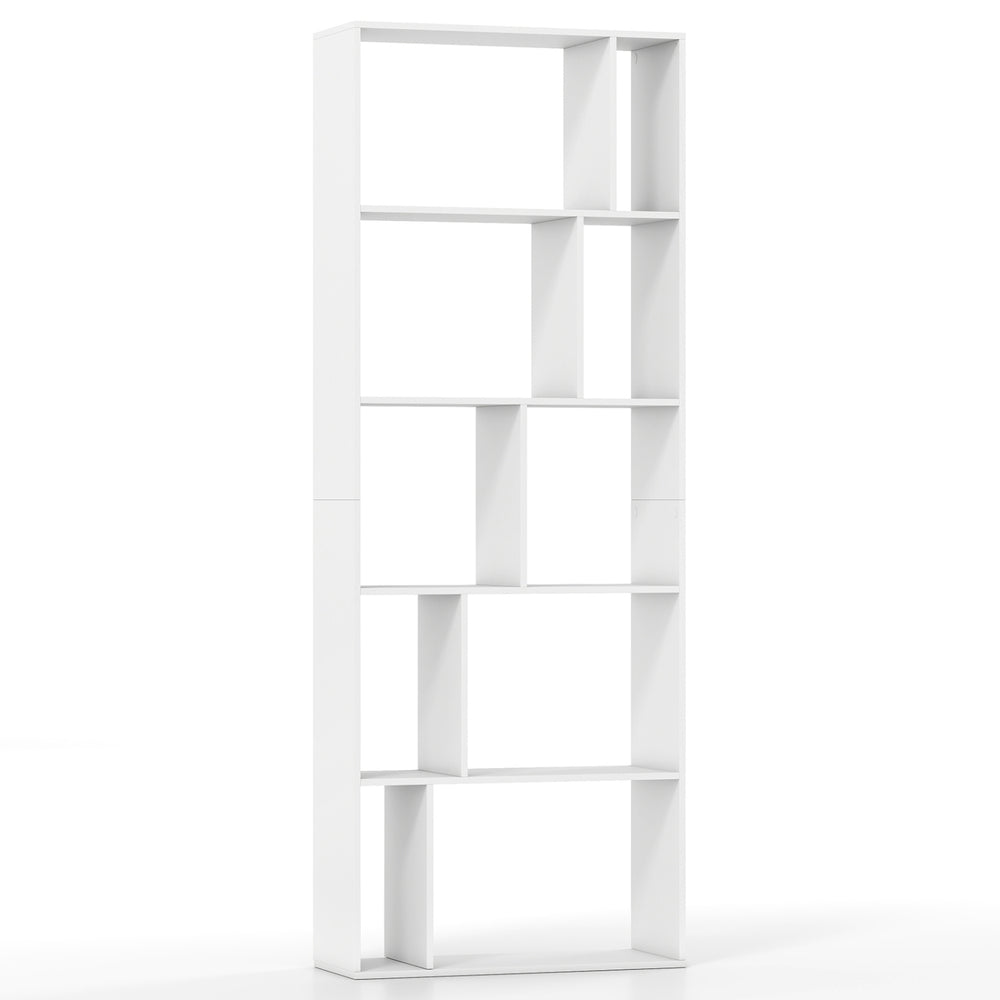 5-tier modern bookshelf in white with 10 storage cubes, ideal for books and decor, perfect for living room or home.