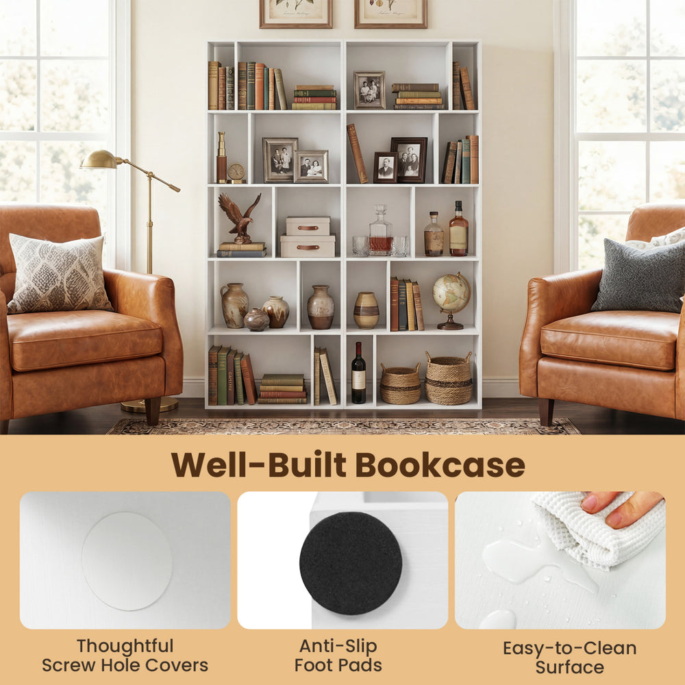 5-tier modern bookshelf in white with open back, featuring spacious storage cubes and anti-slip foot pads for stability.