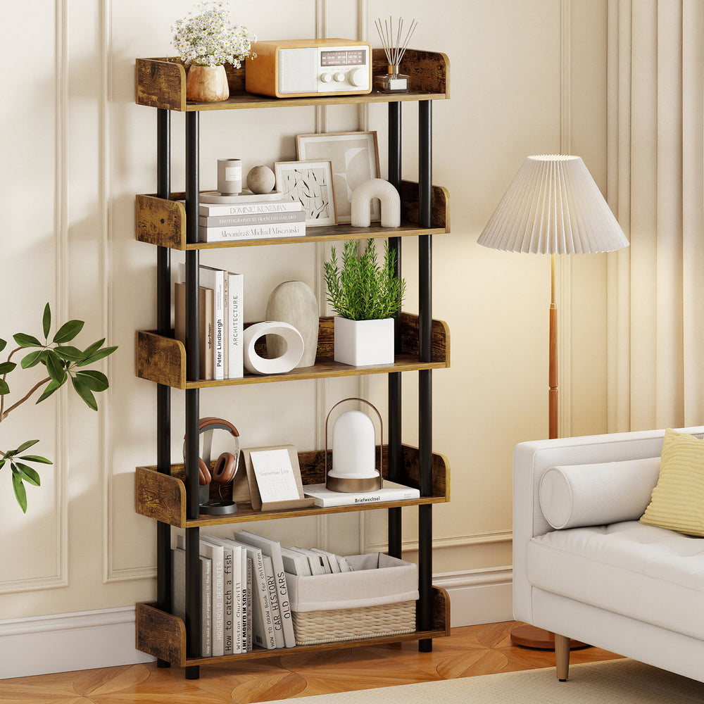 5-tier open bookcase in rustic brown with industrial design, ideal for books and decor in living rooms or offices.