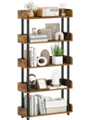 5-tier open bookcase in rustic brown, featuring decorative potted plants and photos, perfect for stylish home.