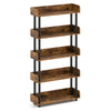 5-tier open bookcase in rustic brown with black metal frame, perfect for books and decorations in any room.