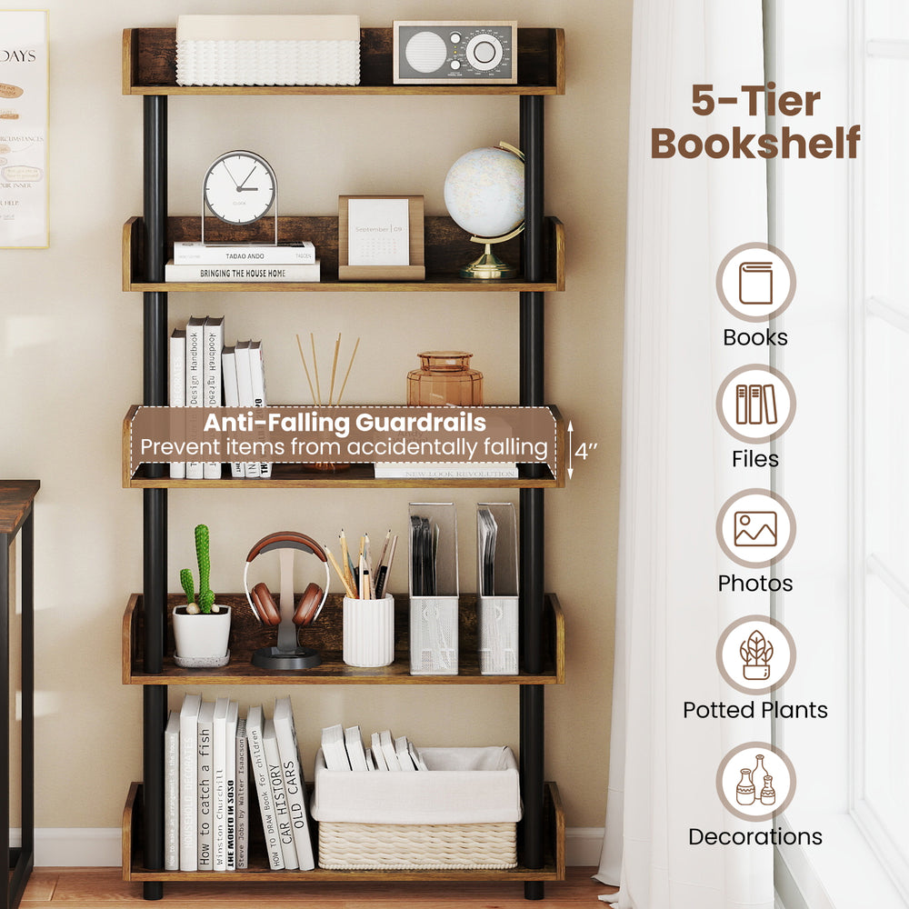 5-tier open bookshelf in rustic brown with anti-falling guardrails, ideal for books and decorations in any room.
