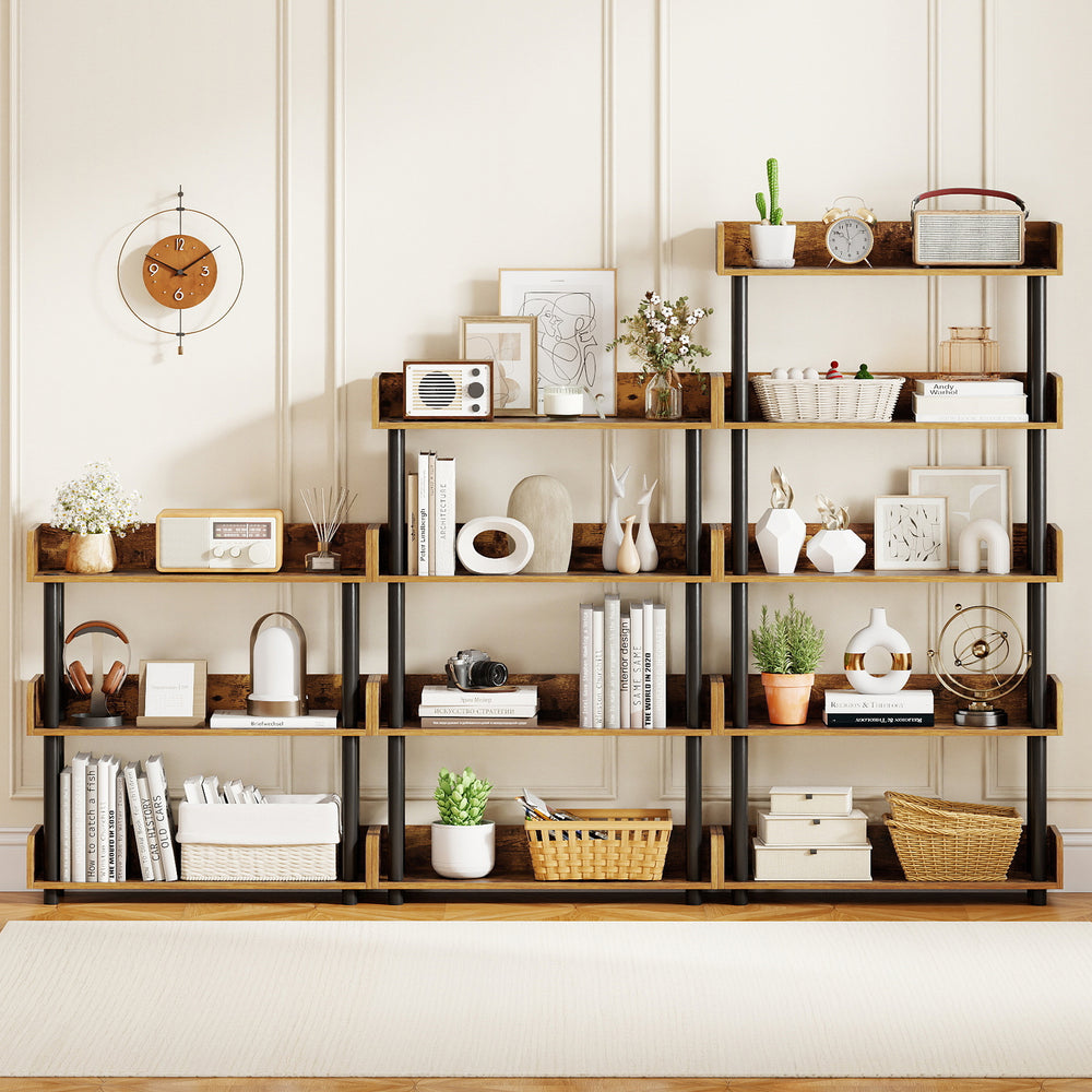 5-tier open bookcase in rustic brown, displaying decorative items and potted plants, perfect for enhancing any living.