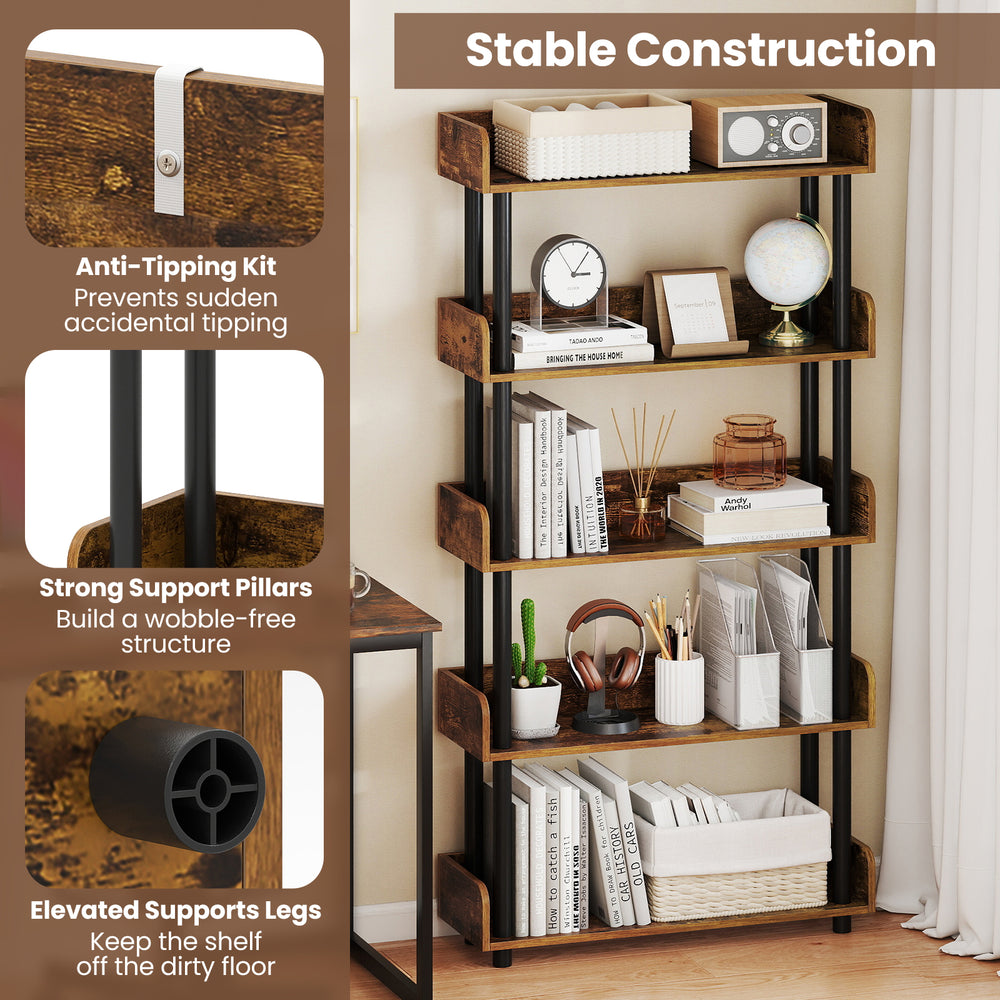 5-tier open bookcase in rustic brown with strong support pillars, anti-tipping kit, ideal for living rooms and offices.