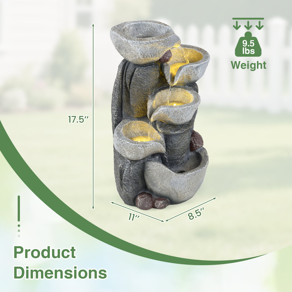 5-tier outdoor water fountain with LED lights, 17.5 inches tall, resin construction, perfect for patio or deck.