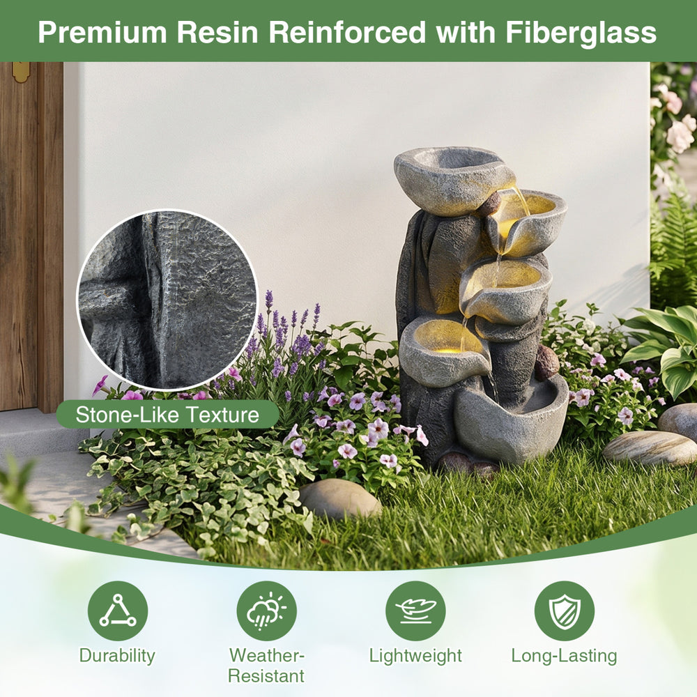5-tier outdoor water fountain with LED lights, stone-like texture, and durable resin for patio or deck decoration.