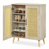 5-tier rattan shoe cabinet with natural finish, featuring 3 removable shelves and woven doors for stylish shoe storage.