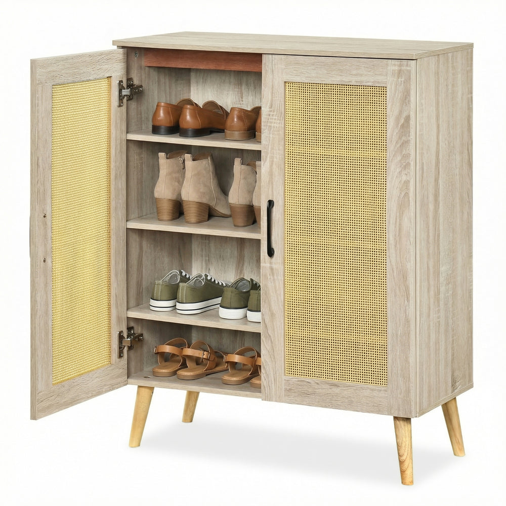 5-tier rattan shoe cabinet with natural finish, featuring 3 removable shelves and woven doors for stylish shoe storage.