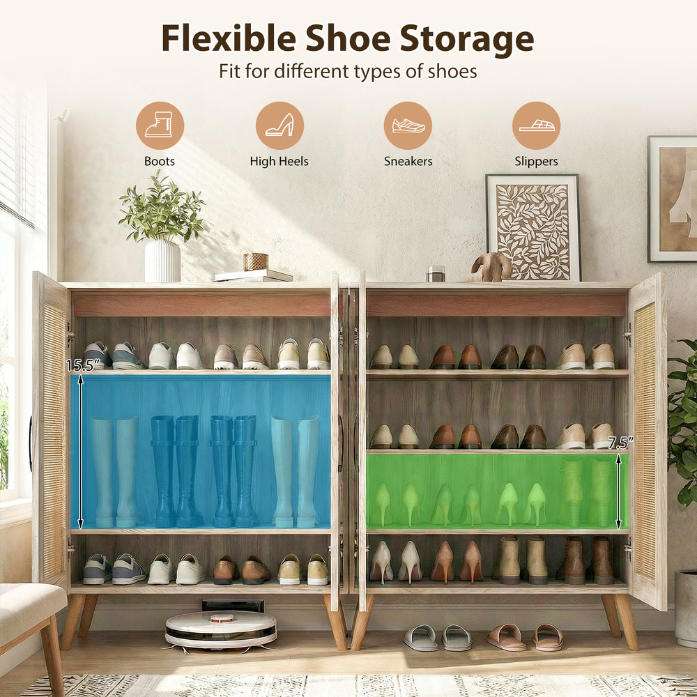 5-tier rattan shoe cabinet with removable shelves, showcasing various shoe types, perfect for organized storage.