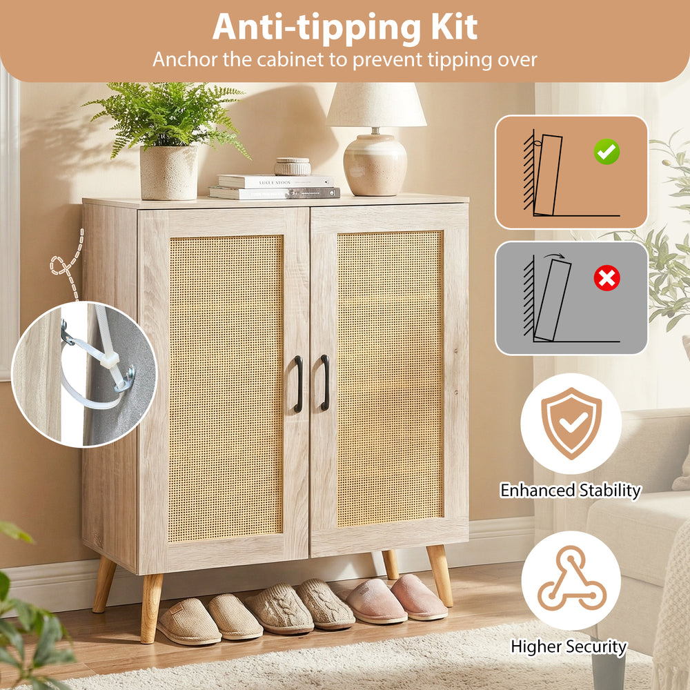 5-tier rattan shoe cabinet with removable shelves, natural wood finish, and anti-tipping kit for enhanced stability.