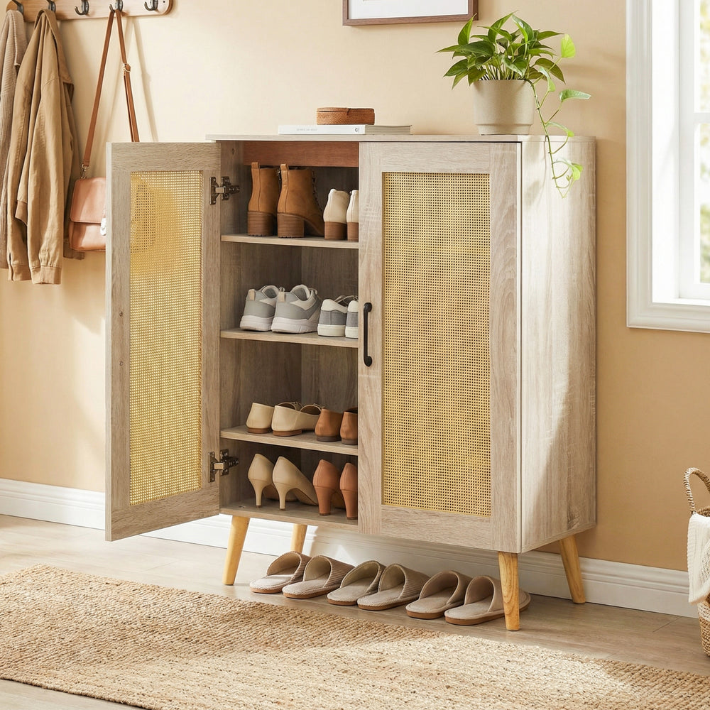 5-tier rattan shoe cabinet with removable shelves, featuring natural wood finish and exquisite woven doors for stylish.